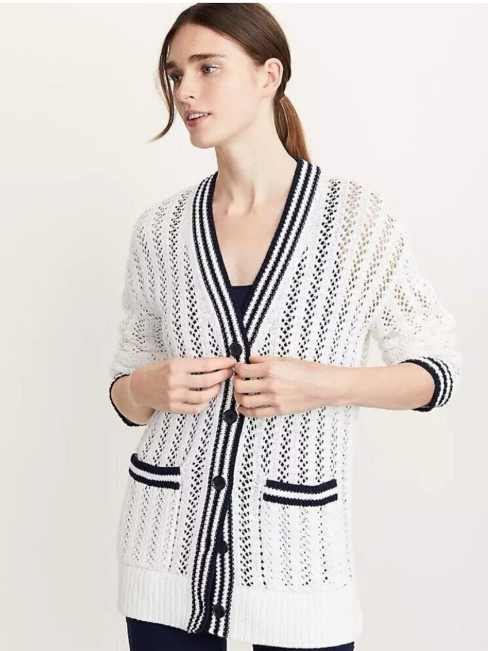 Lou & Grey Cream Open-Knit V-Neck Cardigan with Black Trim
